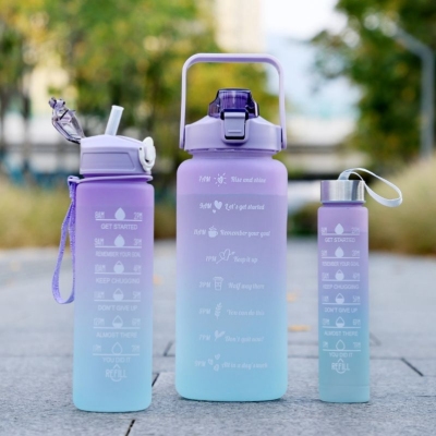Large Capacity Portable Frosted Scale Plastic Cup Personality 3 Sets Cup with Straw Girls Fitness Exercise Portable Drinking Bottle