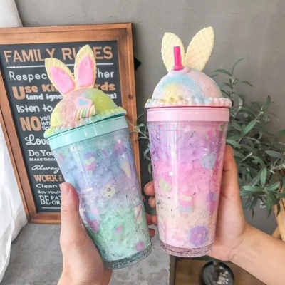 [Cup with Straw] Summer Crushed Ice Cup Girl Ice Crushing Straw Cup Double Wall Cute Cup with Straw Creative Glass
