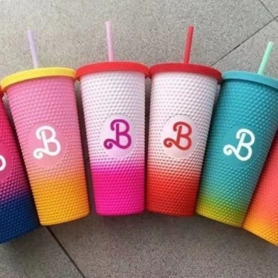 Double-Layer Plastic Cup 710ml Large Capacity Creative Cup Hand Cup Durian Cup Portable Diamond Cup Straw Good-looking