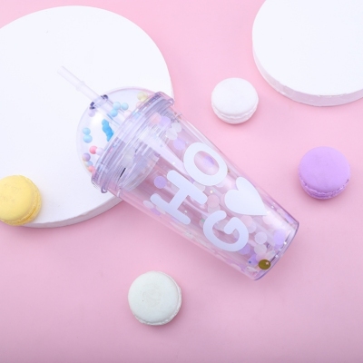 Bobo Film Double Plastic Straw Cup Creative Pink Cute Girl Drinking Glass Custom Unicorn Doll