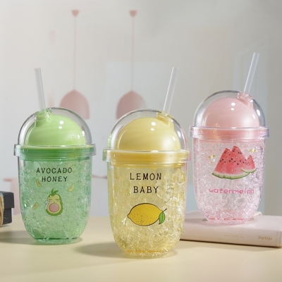 Double Plastic Straw Cup Good-looking Fruit Summer Ice Cup Creative Student Portable Cartoon Colorful Water Cup