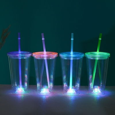 Double Plastic Straw Cup Led Transparent Luminous Water Cup with Light Creative PS Gift Cup 16Oz Colorful Flash Cup HT