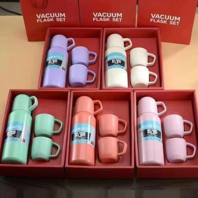 New Macaron Color 304 Stainless Steel Double-Layer Vacuum Cup One Cup Three Lid Gift Box Set Cup Gift Straight Cup