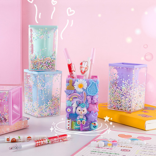 学生桌面收纳圆形方形创意笔筒透明亚克力泡沫球款式摆件收纳笔筒