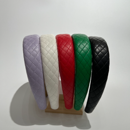 法式复古 纯色pu皮质小菱形格纹加棉发箍 高颅顶外出精美发卡