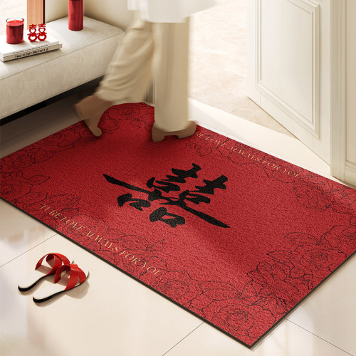 结婚喜庆入户门地垫玄关刮泥蹭土耐脏防滑脚垫红色丝圈地垫可裁剪
