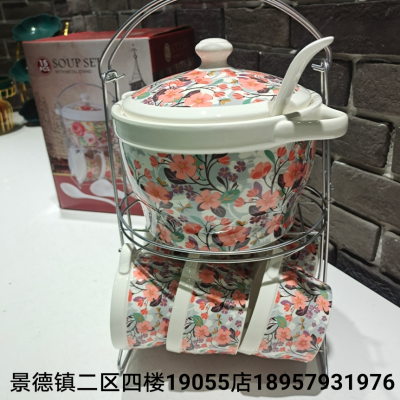 Jingdezhen Ceramic Soup Pot Set Double Ears with Lid Soup Pot Soup Bowl Soup Spoon Kitchen Supplies