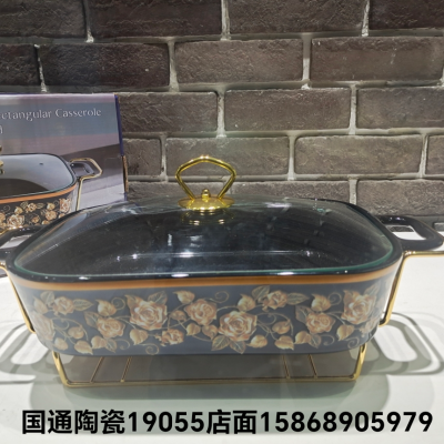 Jingdezhen Ceramic Ovenware Single Baking Pan with Rack Hand Painted Soup Pot with Alcohol Candle Heating