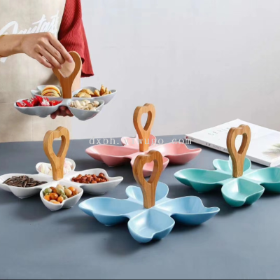 Creative Ceramic Divided Fruit Plate Bamboo Handle Dried Fruit Tray Dessert Nuts Snack Dish Multi-Grid Side Dish Box