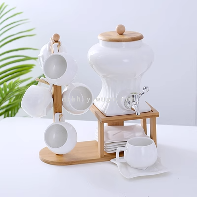 European-Style Ceramic Coffee Cup Set Hanging Cup-Style Large Capacity Drinking Ware with Faucet White Kettle Set