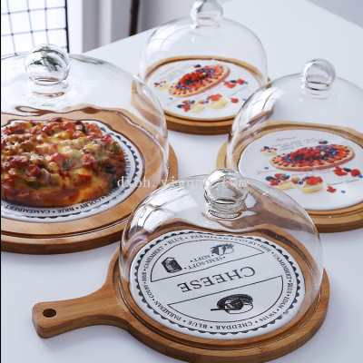 Creative Pizza Plate Ceramic with Lid Cooking Fruit Plate Dish Tray Food Swing Handle round Western Cuisine Plate