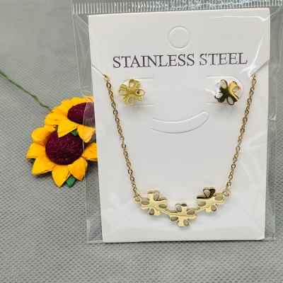 Elegant Flower Sun Rain and You Stainless Steel Golden Trendy Three-Piece Suit Pendant Ear Studs