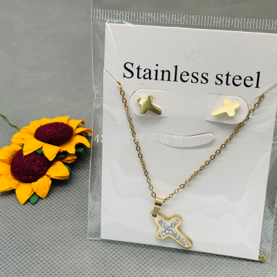 Elegant Flower Sun Rain and You Stainless Steel Golden Trendy Three-Piece Suit Pendant Ear Studs