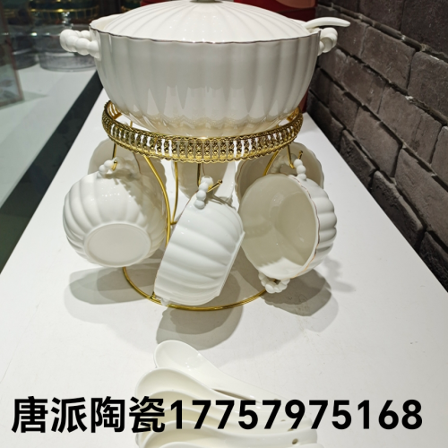 Jingdezhen Ceramic Soup Pot Dual-Sided Stockpot Soup Pot with Lid 1 Soup Pot 6 Bowls 6 Spoons 1 Ladel 1 Shelf