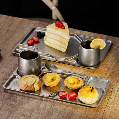 复古工业风托盘咖啡厅不锈钢杯托蛋糕甜品点心金属盘子高级感做旧