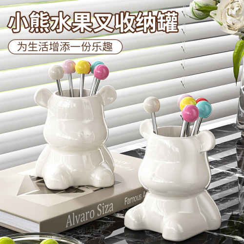 高颜值水果叉不锈钢高级感可爱收纳罐套装儿童安全可爱彩色小叉子