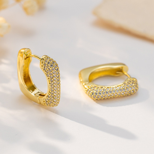 跨境金属感耳圈U型满天星镶钻铜镀金耳扣弧形面耳环轻奢风耳饰