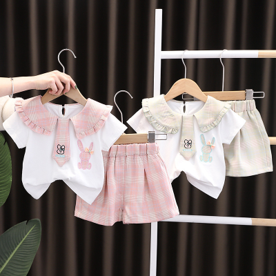 [STOCK factory outlet] Summer New Girls' Lapel Tie Short Sleeve Suit Baby Girls' Casual Shorts Two-Piece Suit