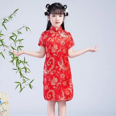 Chinese Style Girls Cheongsam Retro Buckle Stand Collar Brocade Girl Summer Dress Middle and Big Children Stage  Costume