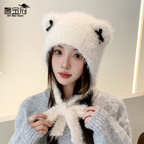 plush earmuffs hat women‘s cute  ears bow ushanka cold protection in autumn and winter thermal knitting wool sleeve cap
