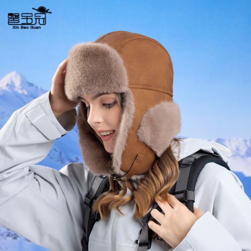 winter thickened fleece ushanka big head circumference windproof earflaps sleeve cap outdoor riding cold-proof warm hat for women