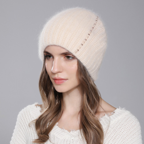 knitted rabbit fur hat women‘s winter warm wool hat fashion pearl embellished women‘s all-match sleeve cap foreign trade style