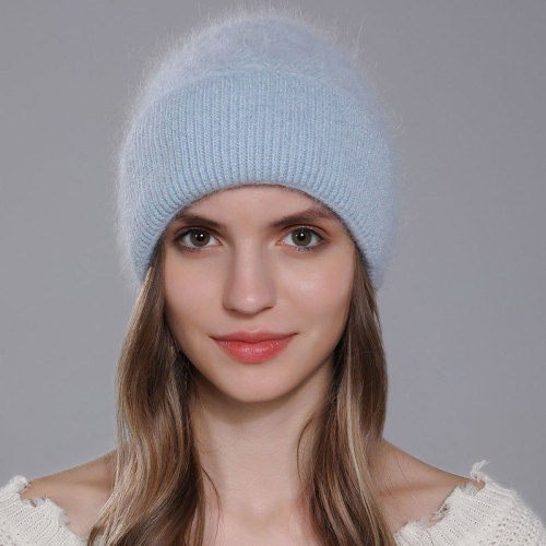 women‘s angora rabbit fur knitted hat winter twist double-layer flanging fashion warm hat female all-matching woolen hat