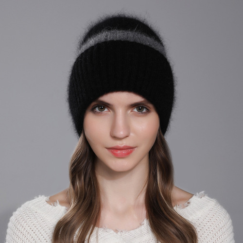winter rabbit fur knitted hat women‘s two-color knitted warm hat fashionable all-match casual women‘s earflaps slipover hat trendy