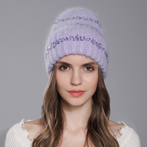 women‘s sequin rabbit fur knitted hat winter warm all-matching wool hat fashion female earflaps slipover hat european and american