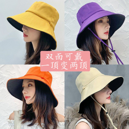 summer new korean style bucket hat female popular net red double-sided face cover ultraviolet-proof hat big brim sun hat sun hat