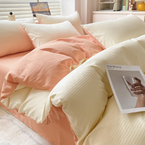 批发华夫格磨毛四件套纯色床单被套水洗棉被罩三件套南通床上用品