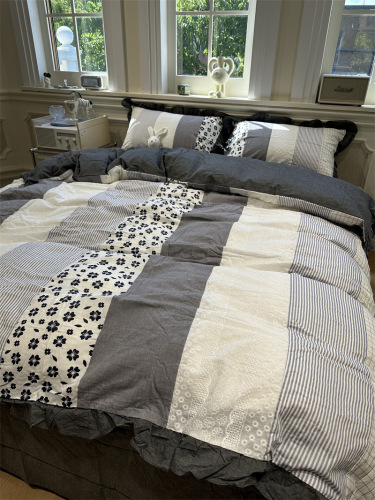 色织水洗棉格子韩式拼接公主风四件套全棉纯棉1.8m床上用品少女心