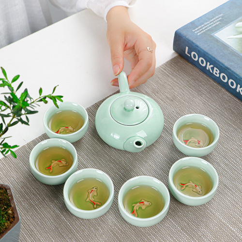 portable travel tea set celadon fish set wedding opening real estate gift with logo printing