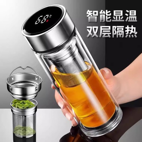 intelligent temperature measurement double layer glass cup wholesale printing lettering thickened tea water separation tea brewing cup advertising printed logo