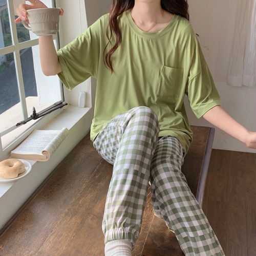 夏季女士睡衣短袖长裤带胸垫防凸点莫代尔凉感可外穿女家居服无印