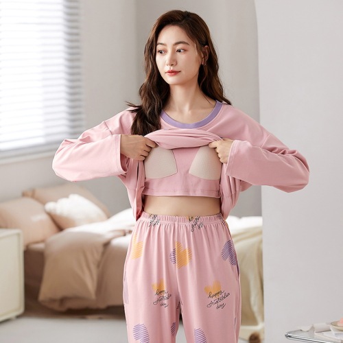 new pajamas women‘s autumn with chest pad long-sleeve suit loose sweet cute ladies‘ homewear winter new