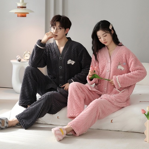 new flannel couple pajamas women‘s long-sleeved suit fleece-lined thick coral fleece men‘s simplicity casual homewear