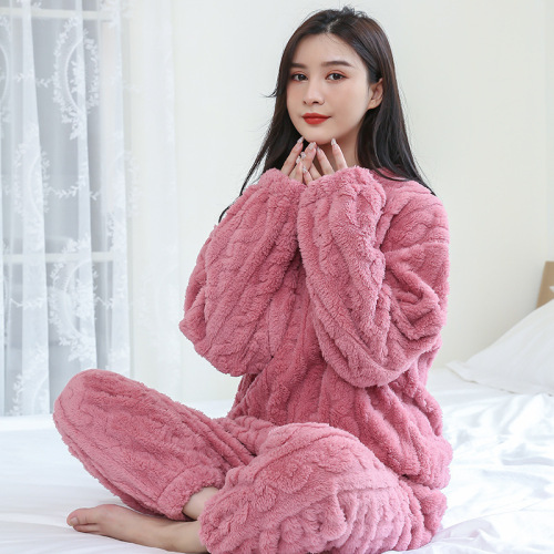 flannel warm blouse and pants women‘s thickened loungewear coral fleece warm and loose casual plus size suitable for daily wear