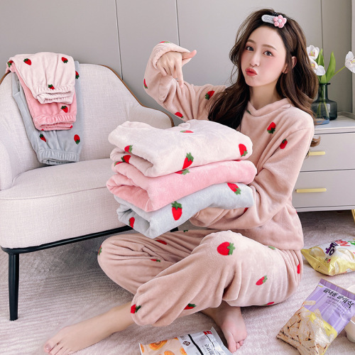 warm suit coral fleece strawberry pajamas women‘s outer wear girl cute autumn and winter warm loungewear suit women‘s thickened