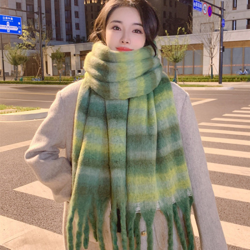 韩版彩色条纹仿羊绒围巾冬加厚学生围脖女时尚高级感拉毛保暖披肩