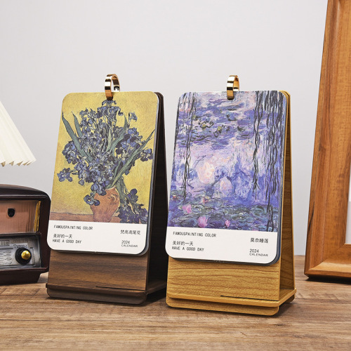 2024木质架台历定 制印刷广告油画时尚办公记事专版台历烫金logo