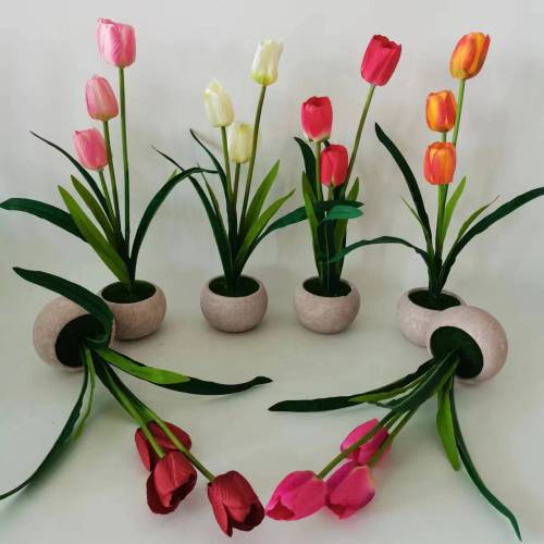 仿真盆景郁金香 仿真花 手感保湿郁金香 摄影摆件家居装饰郁金香