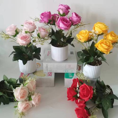 水泥盆仿真珍珠盆景 假花 春珍珠玫盆栽仿真玫瑰花玫瑰假花装饰摆