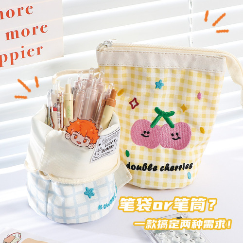 japanese ins style new design sense cute plaid contrast color vertical page turning pen holder portable dopamine stationery case