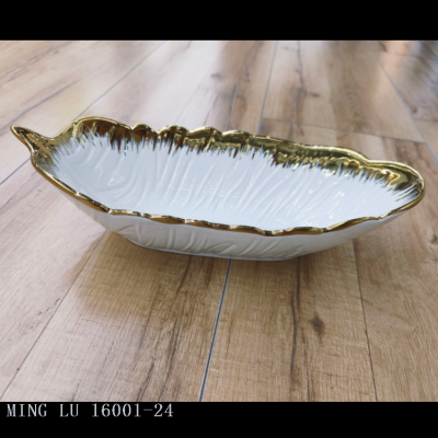 Golden plated ceramic feather bowl