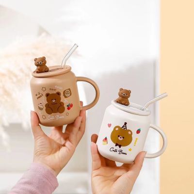 Bear Cup with straw ceramic cup Chaozhou factory direct sales Cup cartoon mug drinking cup gift Cup.