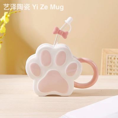 Cat-paw mug ceramic cup with straw shaped cup creative cartoon Cup Cat Cup..