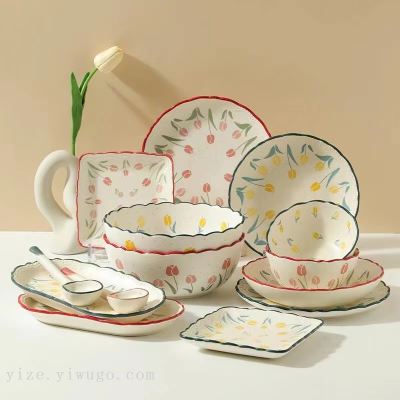 Tulip Ceramic Tableware Use Ceramic Bowl Underglaze Color Ceramic Plate Ins Style Ceramic Square Plate.