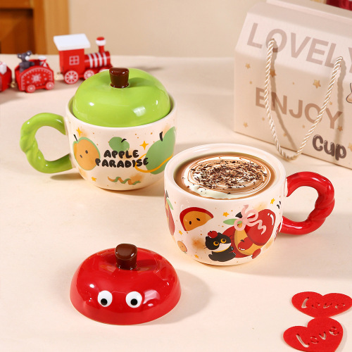 卡通陶瓷马克杯 带盖创意女生杯子 ins情侣水杯平安果礼物伴手礼