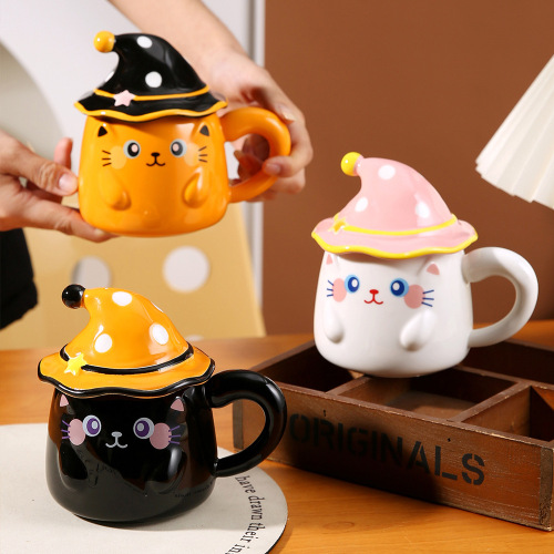 陶瓷杯高颜值卡通水杯帽子可爱猫咪马克杯带盖幽灵杯子女生陶瓷